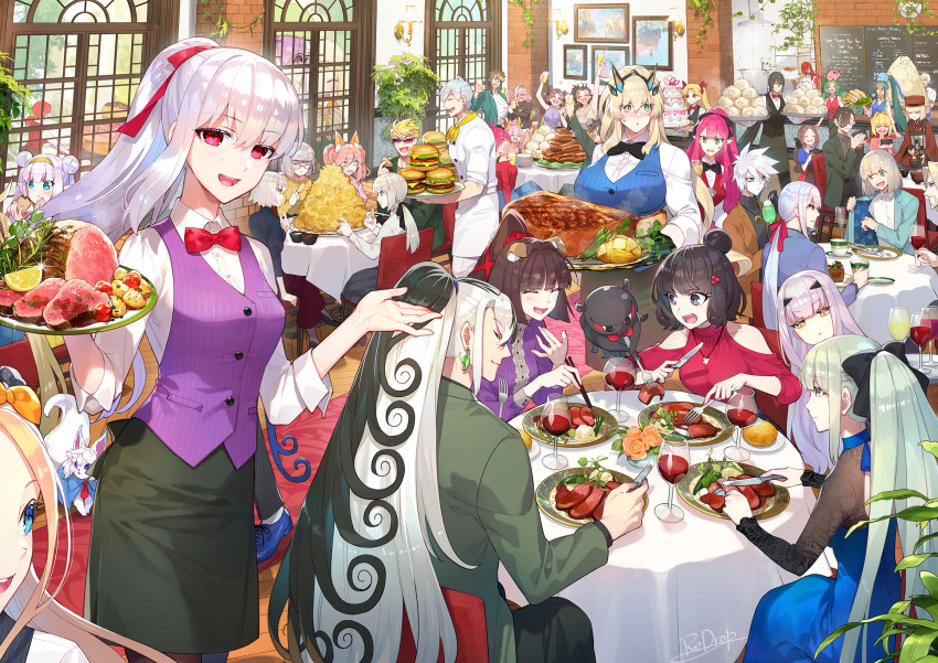 6+boys, 6+girls, abigail_williams_(fate), ahoge, alcohol, animal_ear_fluff, animal_ears, arjuna_(fate), arjuna_alter_(fate), artoria_pendragon_(fate), ashiya_douman_(fate), ashwatthama_(fate), asymmetrical_hair, baobhan_sith_(fate), barghest_(fate), beard, beer, black_bow, black_eyes, black_hair, black_pants, black_ribbon, black_skirt, blonde_hair, blue_dress, blue_eyes, blue_jacket, blunt_bangs, blush, boudica_(fate), bow, bradamante_(fate), braid, breasts, britomart_(fate), brown_gloves, brown_hair, burger, carmilla_(fate), closed_eyes, coat, collared_shirt, con_(fate), creature, crying, cup, curly_hair, dark-skinned_female, dark_skin, donut, double_bun, dress, dress_shirt, drinking_glass, drunk, dual_persona, earrings, eating, eliza_the_nine-tattooed_dragon_(fate), ereshkigal_(fate), eyeliner, facial_hair, fate/apocrypha, fate/extra, fate/extra_ccc, fate/extra_ccc_fox_tail, fate/grand_order, fate/stay_night, fate_(series), food, forehead, forked_eyebrows, fou_(fate), fox_ears, fox_girl, fox_tail, francis_drake_(fate), gawain_(fate), genderswap, genderswap_(ftm), giant, giantess, glasses, gloves, green_coat, green_eyes, green_hair, green_jacket, grey_eyes, grey_hair, hair_between_eyes, hair_bow, hair_bun, hair_intakes, hair_ornament, hair_ribbon, hairband, hairpin, half_up_braid, hat, high_ponytail, highres, himiko_(fate), horns, huang_feihu_(fate), huyan_zhuo_(fate), iyo_(fate), jacket, jacques_de_molay_(foreigner)_(fate), japanese_clothes, jeanne_d'arc_alter_(avenger)_(fate), jeanne_d'arc_alter_(fate), jewelry, kama_(fate), kama_(male)_(fate), karna_(fate), katsushika_hokusai_(fate), kimono, kingprotea_(fate), koha-ace, kyokutei_bakin_(fate), large_breasts, leonardo_da_vinci_(fate), leonardo_da_vinci_(fate/grand_order), leonardo_da_vinci_(rider)_(fate), long_hair, long_sleeves, looking_at_viewer, looking_to_the_side, low_ponytail, magatama, magatama_earrings, makeup, medium_breasts, melusine_(fate), morgan_le_fay_(fate), multicolored_hair, multiple_boys, multiple_girls, muscular, muscular_female, necklace, nero_claudius_(fate), nero_claudius_(fate/extra), oberon_(fate), octopus, okada_izou_(fate), open_clothes, open_jacket, open_mouth, orange_bow, out_of_frame, oversized_food, oversized_object, pants, parted_bangs, paul_bunyan_(fate), pencil_skirt, percival_(fate), pink_hair, pink_shirt, plate, pointy_ears, ponytail, purple_eyes, purple_hair, purple_shirt, purple_vest, red_eyes, red_hair, red_headwear, red_kimono, red_ribbon, red_sweater, redrop, ribbon, rice, saber_alter, sakata_kintoki_(fate), sen_no_rikyu_(fate), shirt, short_hair, short_ponytail, sidelocks, single_hair_bun, skirt, small_breasts, smile, split-color_hair, steak, streaked_hair, sweater, swept_bangs, table, tail, tamamo_no_mae_(fate), tea, teacup, tongue, tongue_out, toto-sama_(fate), tray, trung_nhi_(fate), trung_trac_(fate), twintails, two_side_up, very_long_hair, vest, vlad_iii_(fate/apocrypha), waitress, wavy_hair, white_hair, white_shirt, wide_sleeves, window, wine_glass, yamanami_keisuke_(fate), yan_qing_(fate), yellow_eyes, yellow_sweater