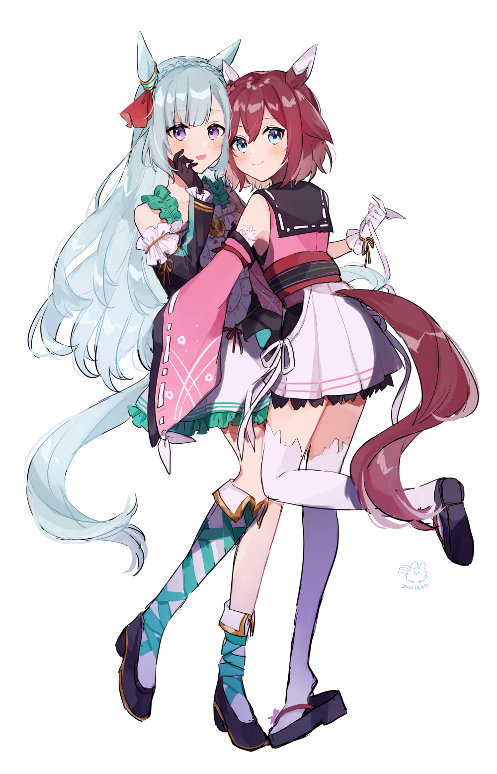 2girls, 6crcg, :d, animal_ears, asymmetrical_footwear, asymmetrical_gloves, black_gloves, blue_eyes