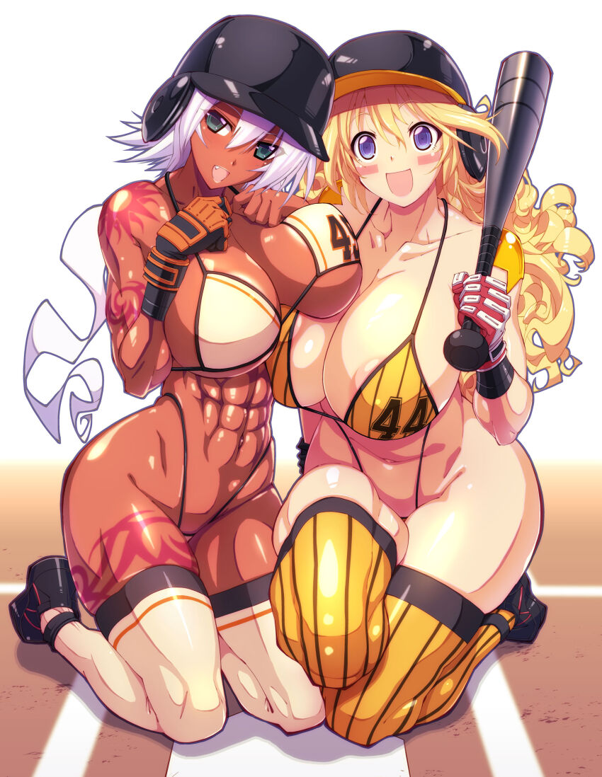 2girls, abs, absurdres, aluminum_bat, arm_tattoo, baseball_bat, baseball_helmet, bikini