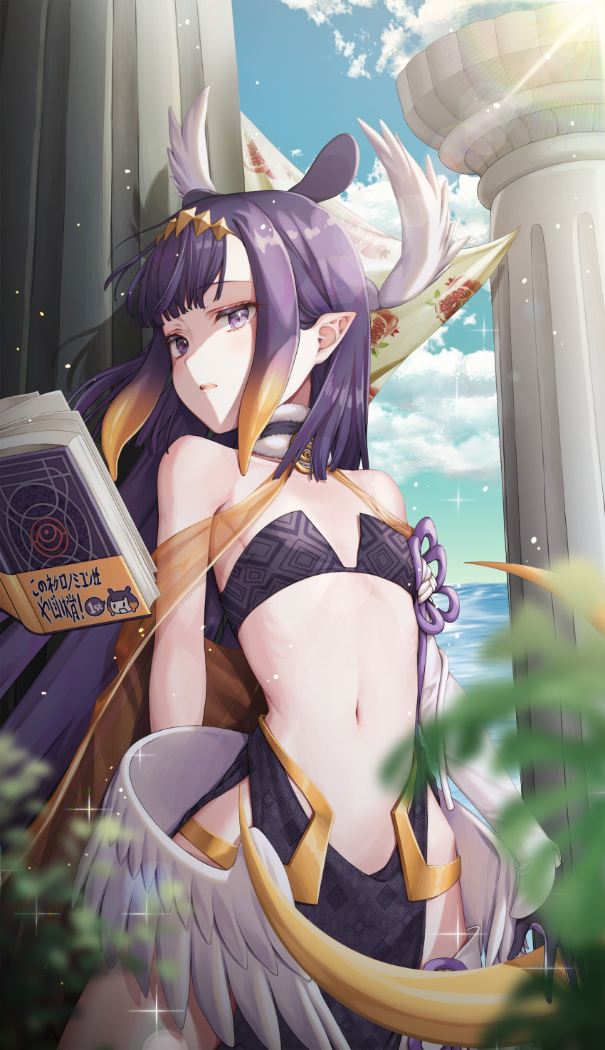 1girl, absurdres, ao-chan_(ninomae_ina'nis), bare_shoulders, black_gloves, blue_sky, blurry, blurry_foreground, book, cloud, column, commentary, day, depth_of_field, detached_sleeves, flat_chest, floating, floating_book, floating_object, gloves, hachihachy, highres, hololive, hololive_english, long_hair, looking_at_viewer, low_wings, navel, ninomae_ina'nis, outdoors, parted_lips, pillar, pointy_ears, purple_eyes, purple_hair, side_slit, single_detached_sleeve, sky, solo, sparkle, stomach, virtual_youtuber, white_wings, wings