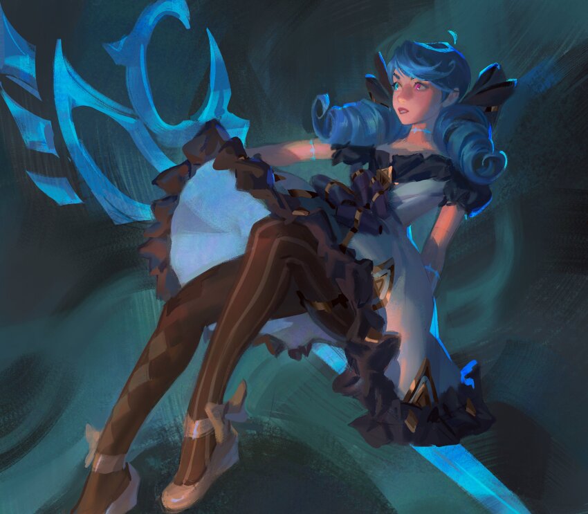 1girl, absurdres, aina_(mayexplode), black_bow, black_dress, blue_hair, bow, brown_pantyhose