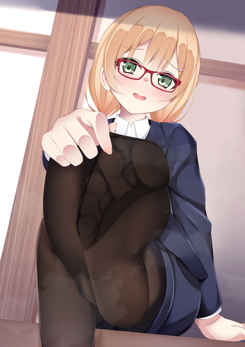 1girl, absurdres, blonde_hair, blush, clothes_pull, crossed_legs, feet, glasses