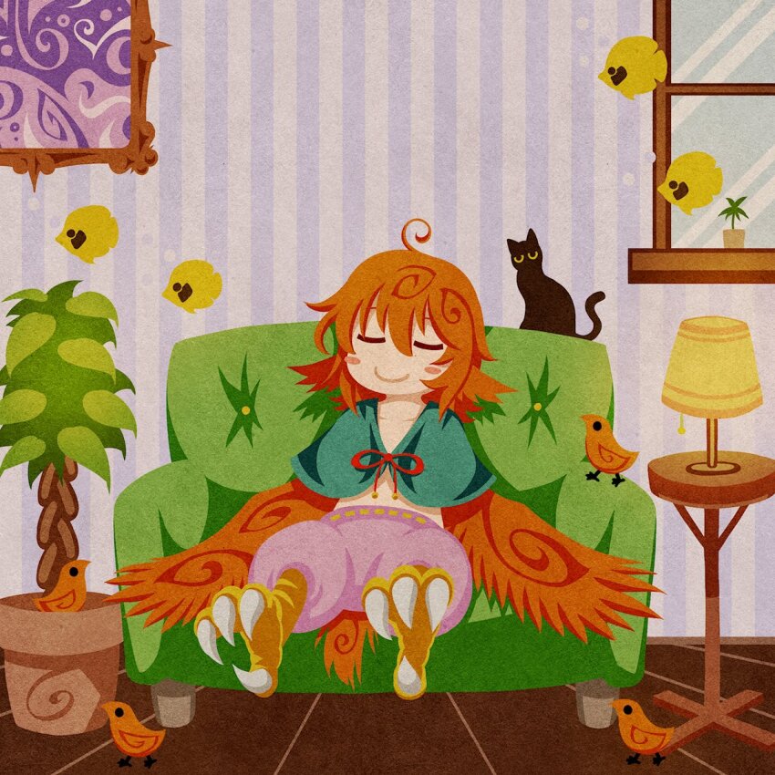 1girl, ahoge, akamiya_fumiya, animal, animal_ears, bird, bird_ears, bird_legs