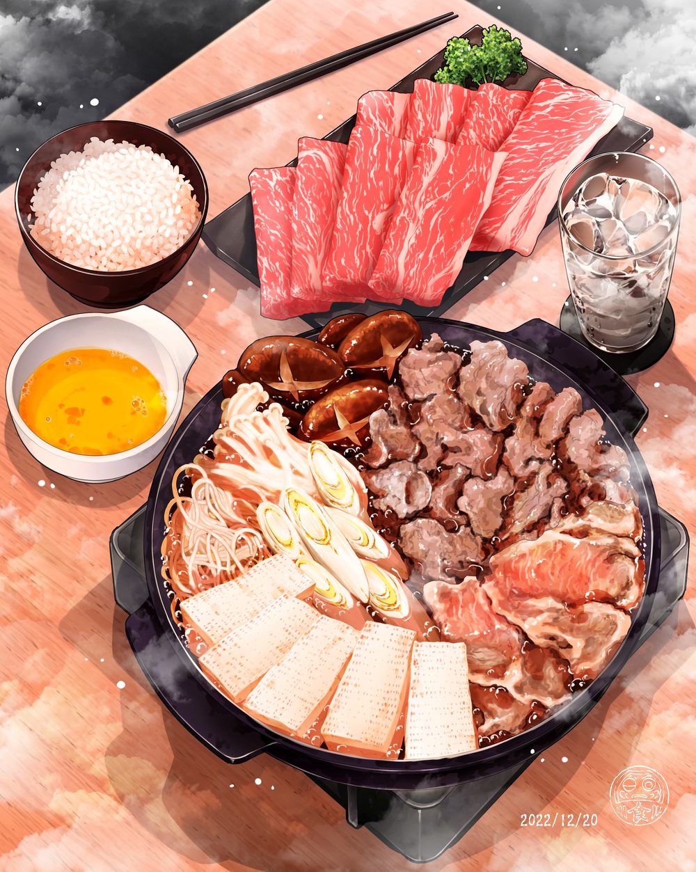 beef, bowl, chopsticks, dated, egg_(food), enoki_mushroom, food, food_focus