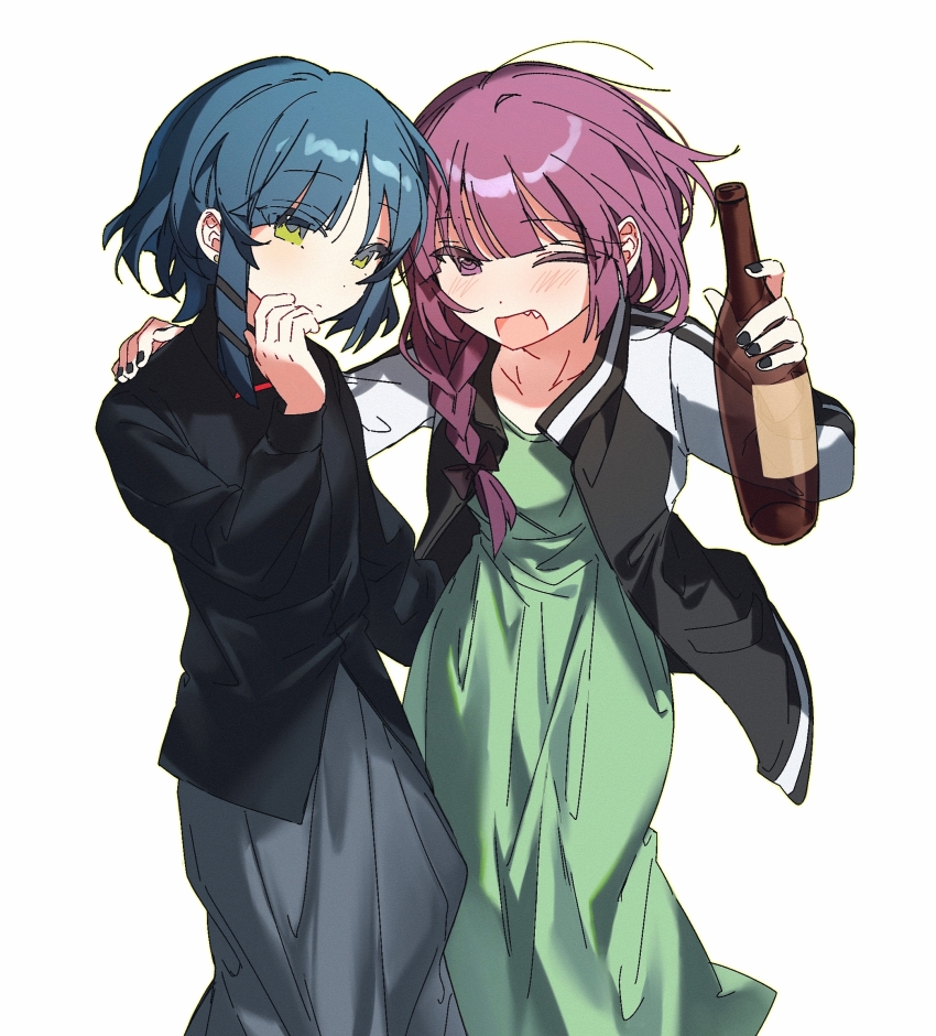 2girls, black_bow, black_jacket, black_nails, black_shirt, blue_hair, blunt_bangs, blush, bocchi_the_rock!, bottle, bow, braid, closed_mouth, collared_shirt, dress, green_dress, green_eyes, hair_bow, hair_over_shoulder, hanaseto, hand_on_another's_shoulder, highres, hiroi_kikuri, holding, holding_bottle, jacket, long_hair, long_sleeves, looking_at_viewer, mole, mole_under_eye, multicolored_jacket, multiple_girls, one_eye_closed, open_clothes, open_jacket, open_mouth, purple_eyes, purple_hair, shirt, short_hair, simple_background, single_braid, skirt, smile, two-tone_jacket, white_background, white_jacket, yamada_ryo