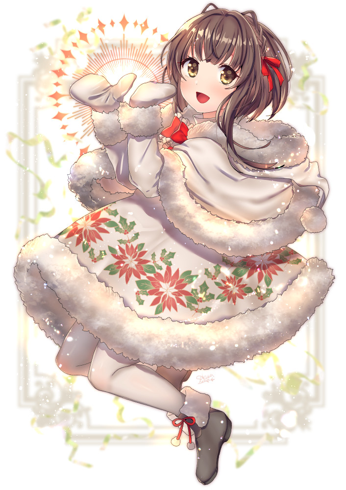 1girl, black_hair, black_shoes, blush, brown_eyes, brown_hair, capelet, dress