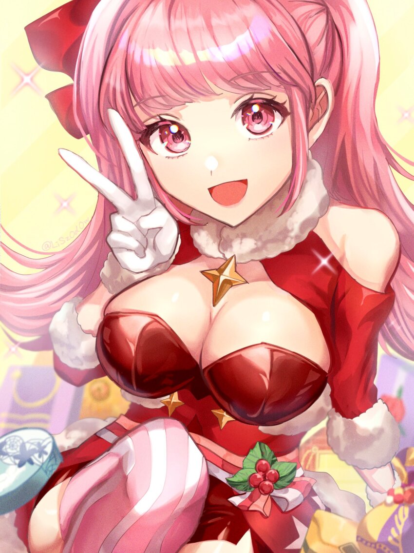 1girl, alternate_costume, bare_shoulders, breasts, brooch, christmas, cleavage, female_focus, fire_emblem, fire_emblem:_three_houses, fire_emblem_heroes, gloves, highres, hilda_valentine_goneril, hilda_valentine_goneril_(winter), jewelry, large_breasts, long_hair, looking_at_viewer, matching_hair/eyes, nintendo, official_alternate_costume, open_mouth, pink_eyes, pink_hair, smile, solo, star_brooch, striped_clothes, striped_thighhighs, thighhighs, twintails, v, white_gloves, youhei_choregi