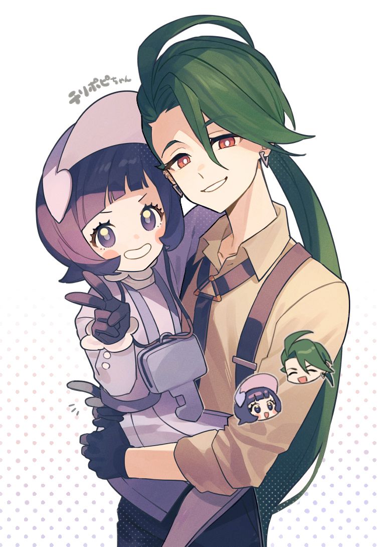 2girls, black_gloves, black_hair, blunt_bangs, blush_stickers, bright_pupils, brown_shirt, cardigan