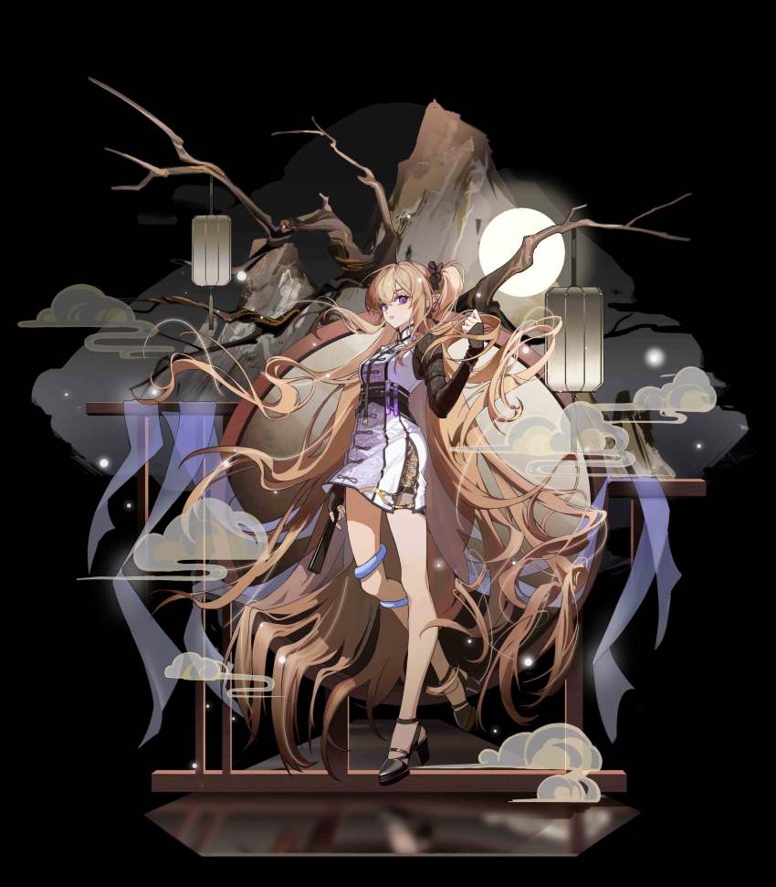 absurdly_long_hair, absurdres, arknights, bare_legs, bare_tree, birdy437, black_background, black_footwear