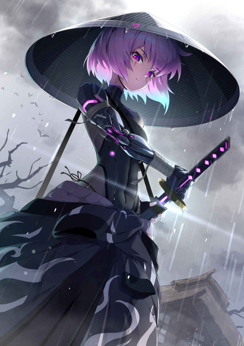 1girl, absurdres, commentary, covered_navel, cyberpunk, cyborg, dutch_angle, english_commentary, engrish_commentary, facial_mark, fingerless_gloves, gloves, hat, highres, japanese_clothes, jingasa, katana, kimono, kimono_around_waist, kuromasu, looking_at_viewer, original, pink_hair, prosthesis, prosthetic_arm, purple_eyes, rain, samurai, sheath, slit_pupils, solo, sword, unsheathing, weapon, wrist_wrap