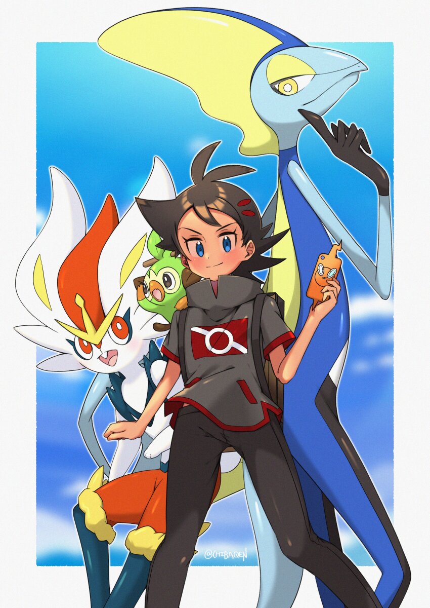 1boy, absurdres, antenna_hair, backpack, bag, blue_eyes, blush, border