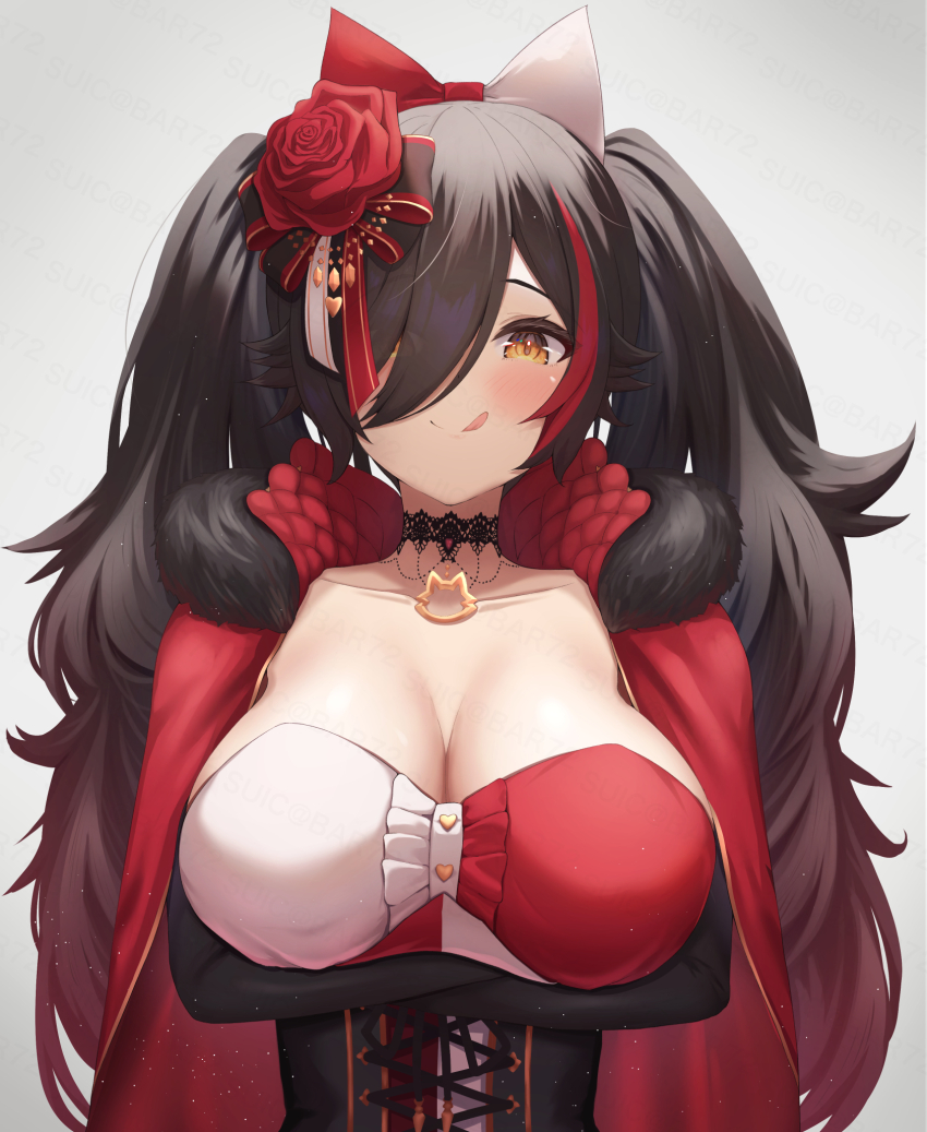 1girl, :q, arms_under_breasts, black_choker, black_hair, blush, breasts, brown_eyes