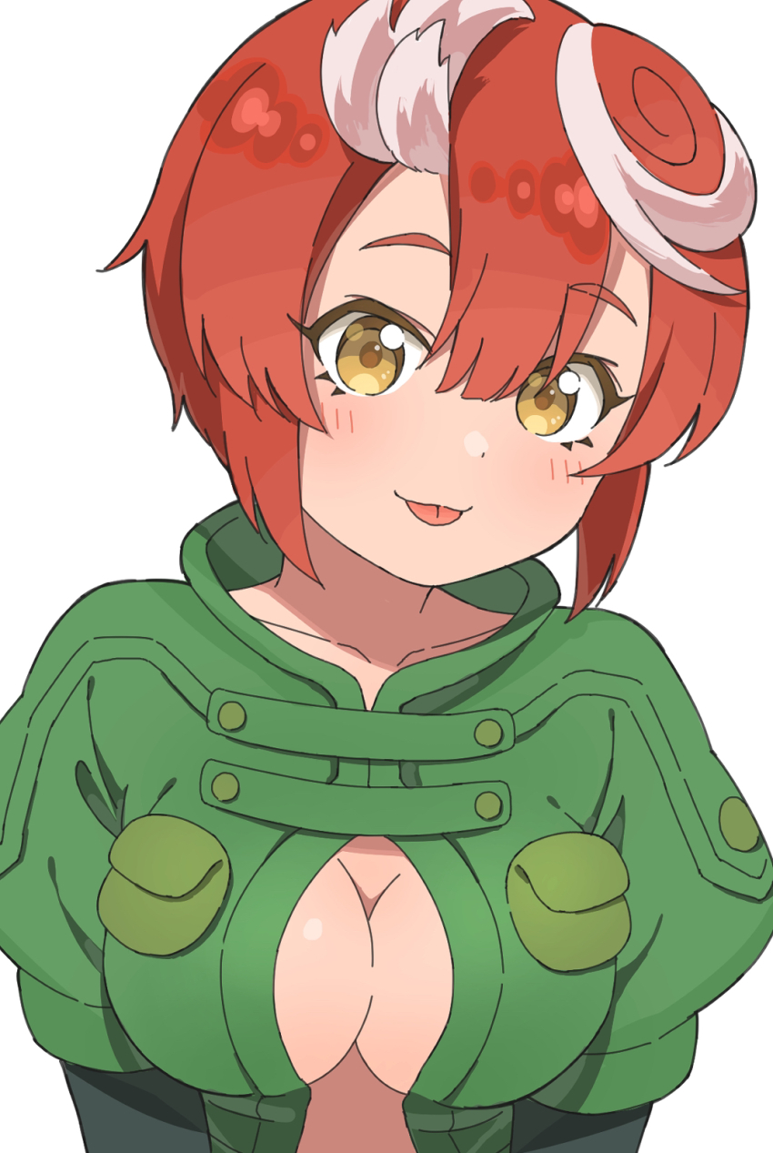 1girl, :o, blush, breast_pocket, breasts, cleavage, closed_mouth, collarbone, green_jumpsuit, hair_between_eyes, head_tilt, highres, jenny_(je2live), jumpsuit, large_breasts, looking_at_viewer, made_in_abyss, multicolored_hair, pocket, red_hair, short_hair, simple_background, smile, solo, streaked_hair, tepaste, tongue, tongue_out, two-tone_hair, upper_body, white_background, white_hair, yellow_eyes