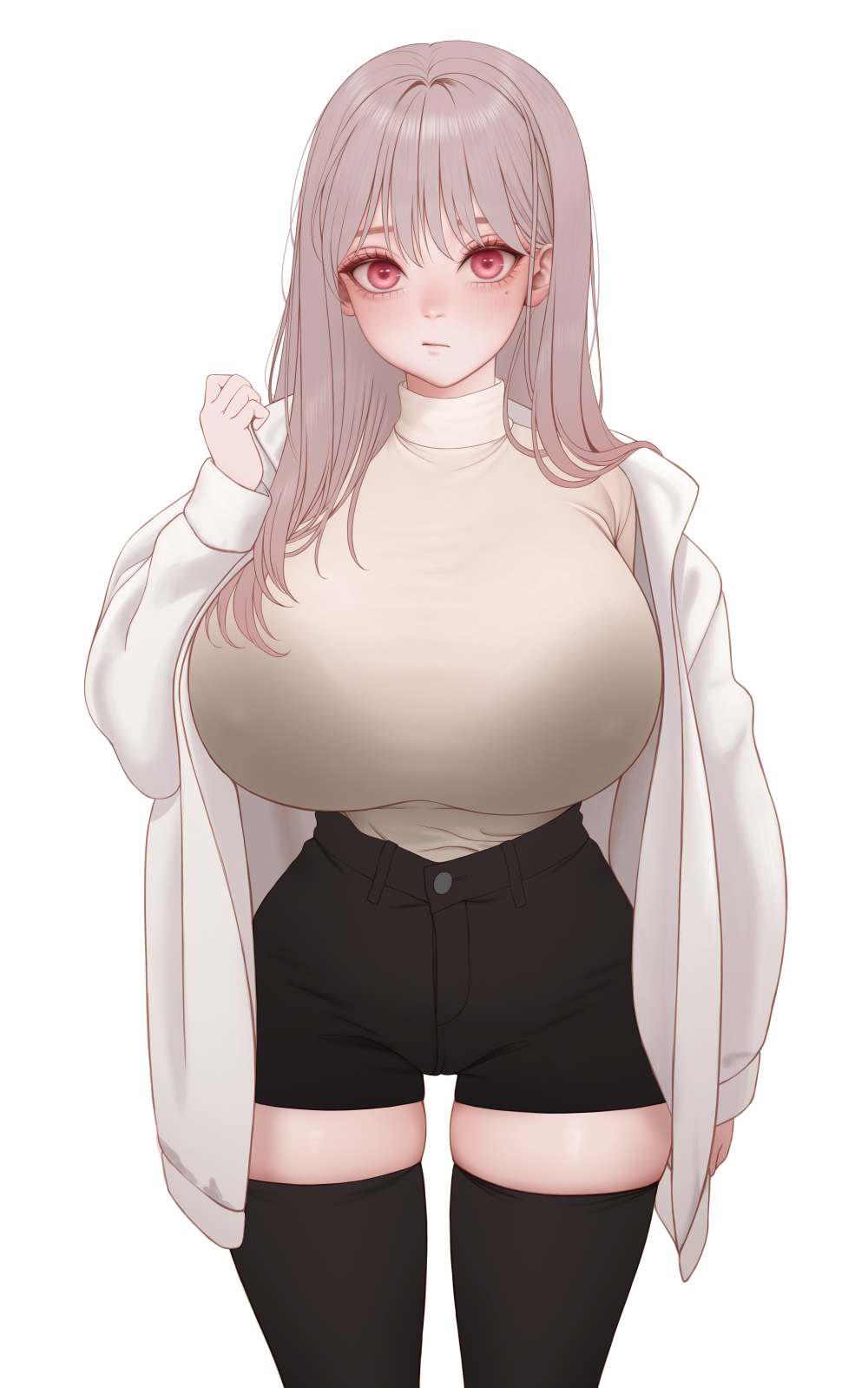 1girl, arm_at_side, black_shorts, black_thighhighs, blush, bra, bra_visible_through_clothes, bralines