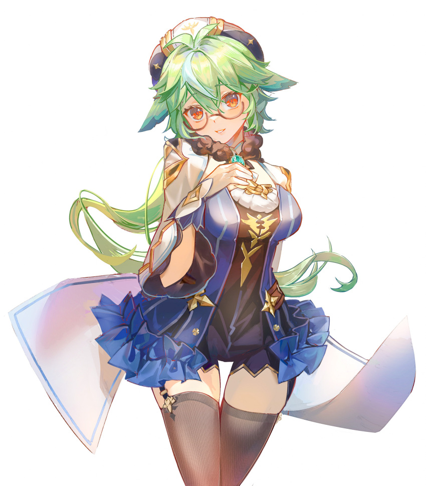 1girl, animal_ears, antenna_hair, arrrrrry1, black_leotard, black_thighhighs, blue_hair, blue_leotard, breasts, cape, cowboy_shot, crossed_legs, frilled_leotard, frills, fur_trim, garter_straps, genshin_impact, glasses, gloves, green_hair, hair_between_eyes, hair_flaps, hand_on_own_chest, hand_up, highres, leotard, light_blue_hair, light_smile, long_sleeves, looking_at_viewer, medium_breasts, multicolored_hair, multicolored_leotard, orange_eyes, ponytail, semi-rimless_eyewear, short_hair, solo, streaked_hair, sucrose_(genshin_impact), thigh_gap, thighhighs, two-tone_leotard, vision_(genshin_impact), white_background, white_cape, white_gloves