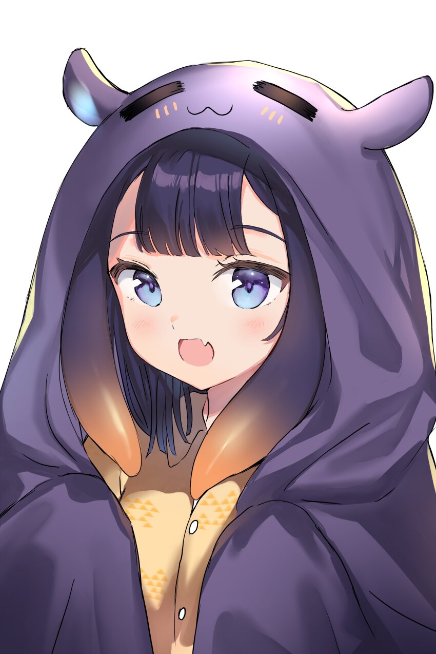 1girl, :3, =_=, absurdres, blue_eyes, blunt_bangs, character_hood, collared_shirt