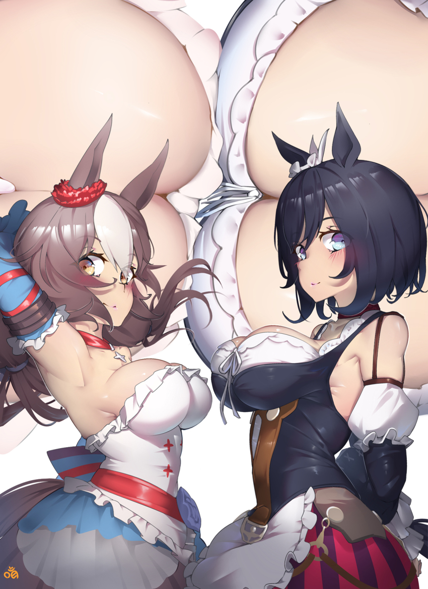 2girls, animal_ears, armpits, arms_behind_back, arms_behind_head, arms_up, bare_shoulders, blue_eyes