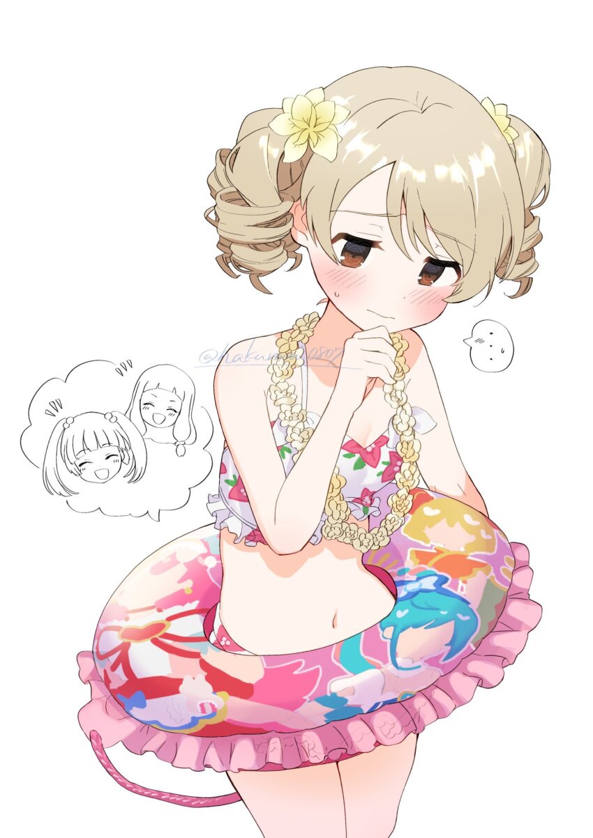..., 3girls, bikini, blush, drill_hair, flower, hair_flower, hair_ornament, highres, ichihara_nina, idolmaster, idolmaster_cinderella_girls, innertube, light_brown_hair, morikubo_nono, multiple_girls, navel, print_bikini, raru_buran, simple_background, solo_focus, spoken_ellipsis, sweatdrop, swim_ring, swimsuit, twintails, white_background, yokoyama_chika