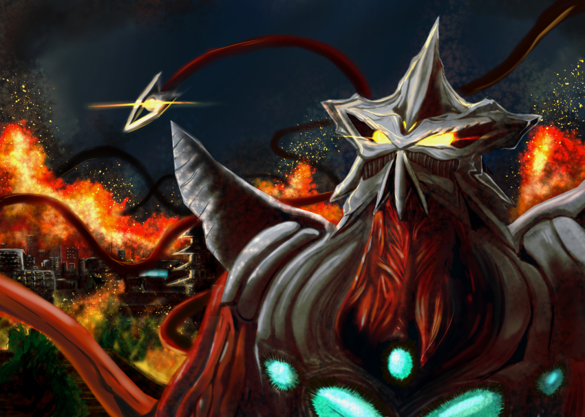 apocalypse, biceps, bioluminescence, buddhist_temple, building, city, daiei_film, destruction