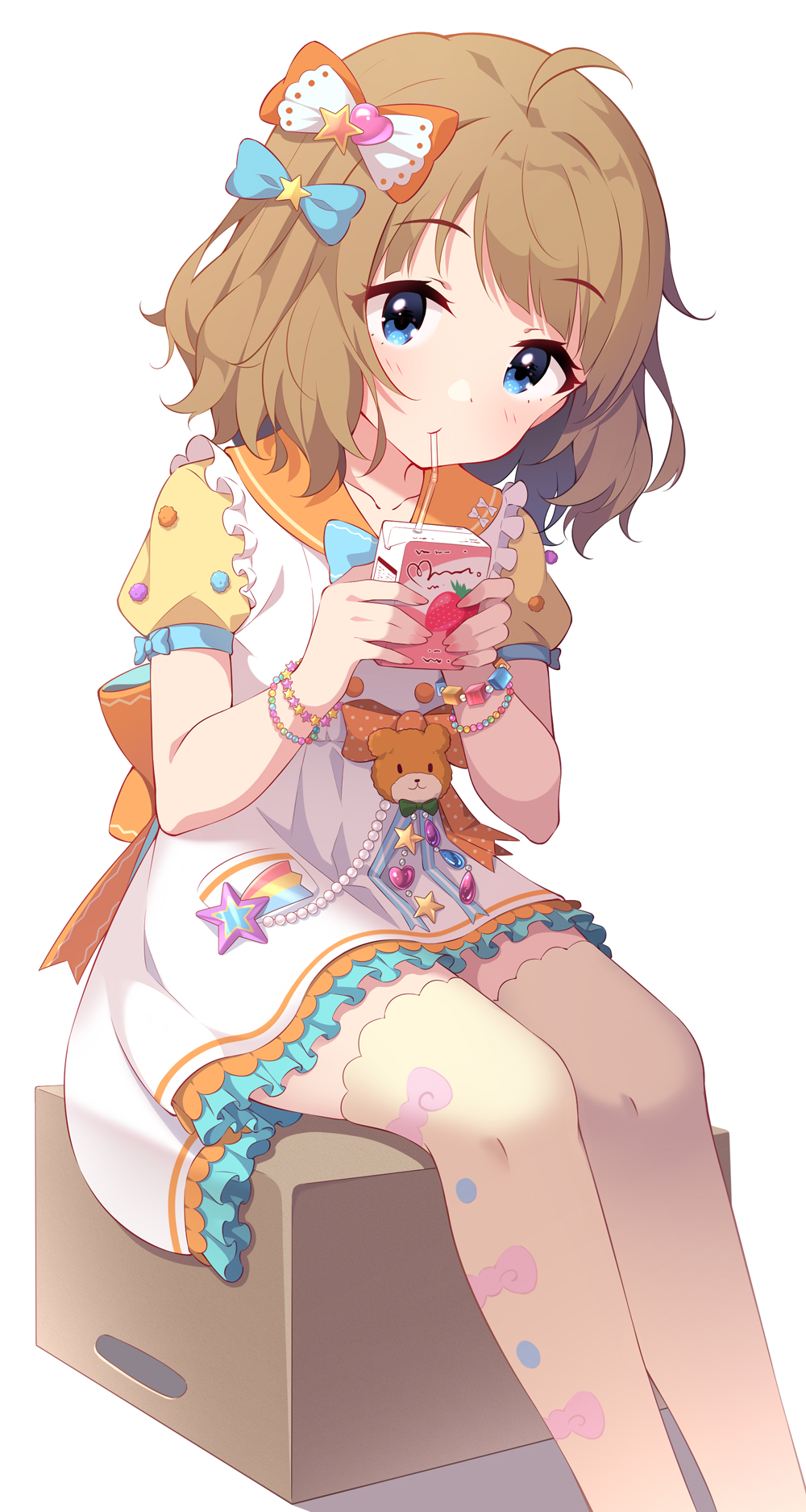 1girl, ahoge, bendy_straw, blue_bow, blue_eyes, blush, bow, box, bracelet, brown_hair, brown_thighhighs, cardboard_box, closed_mouth, collarbone, commentary_request, dress, drinking, drinking_straw, feet_out_of_frame, frilled_dress, frills, hair_bow, hair_ornament, highres, holding, idolmaster, idolmaster_million_live!, jewelry, kagami_(galgamesion), looking_at_viewer, on_box, orange_bow, orange_sailor_collar, puffy_short_sleeves, puffy_sleeves, revision, sailor_collar, sailor_dress, short_sleeves, sitting, solo, star_(symbol), star_hair_ornament, suou_momoko, suou_momoko_(fancy_a_la_mode), thighhighs, white_dress
