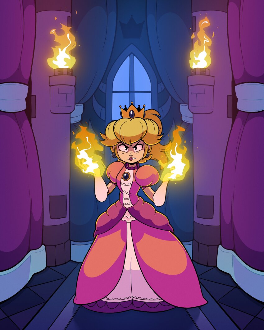 absurdres, angry, blonde_hair, crown, dress, earrings, gloves, highres, jewelry, lipstick, looking_at_viewer, makeup, mario_(series), matt_froese, nintendo, pink_dress, pink_lips, princess_peach, solo, super_mario_bros._1, white_gloves
