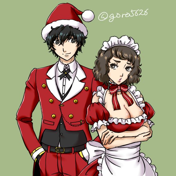 1boy, 1girl, alternate_costume, amamiya_ren, apron, arms_under_breasts, belt, black_belt