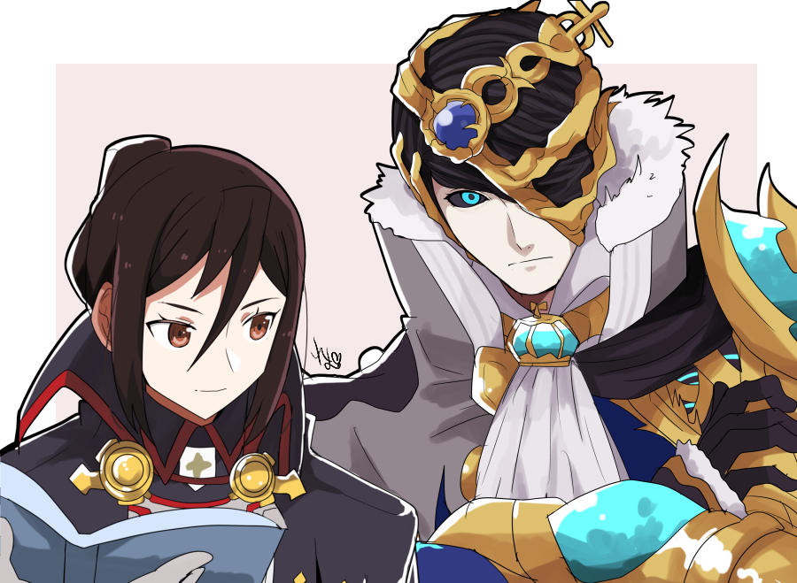 1boy, 1girl, black_coat, black_sclera, blue_eyes, book, border, brown_eyes