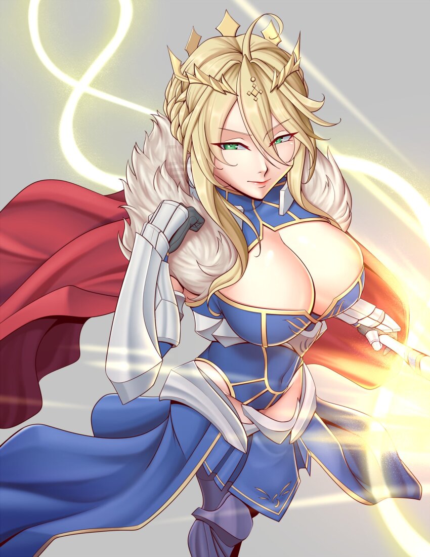 armor, artoria_pendragon_(fate), artoria_pendragon_(lancer)_(fate), artoria_pendragon_(lancer)_(first_ascension)_(fate), blonde_hair, blue_dress, braid, breasts