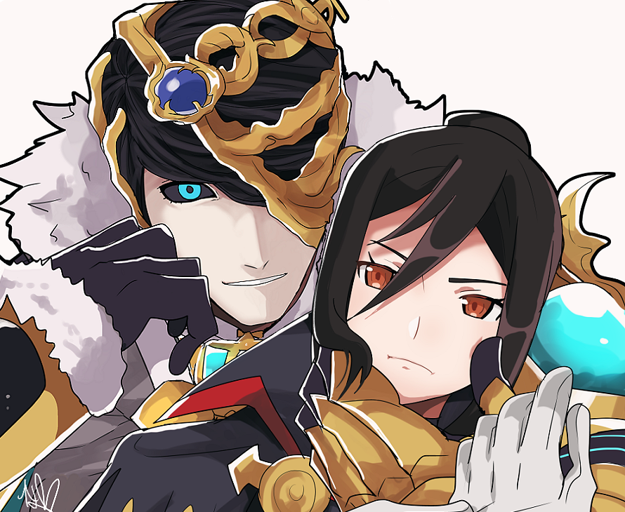 1boy, 1girl, :d, black_coat, black_gloves, black_sclera, blue_eyes, brown_eyes