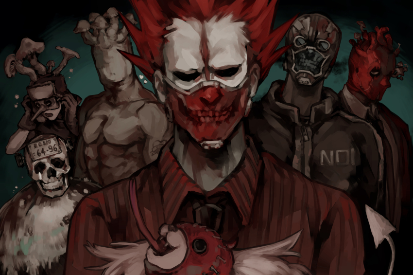 2girls, 4boys, animal, black_gloves, black_necktie, chota, collared_shirt, dorohedoro