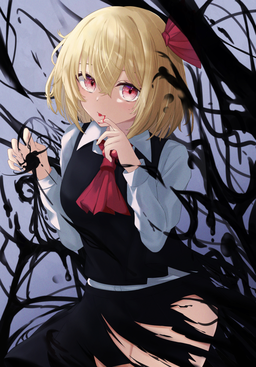 1girl, :p, absurdres, black_skirt, black_vest, blonde_hair, blood, closed_mouth, collared_shirt, commentary, cowboy_shot, darkness, fang, fang_out, fingernails, hair_between_eyes, hair_ribbon, hands_up, highres, looking_at_viewer, nemuri_namida_rua, red_eyes, red_ribbon, ribbon, rumia, shirt, short_hair, skin_fang, skirt, solo, tongue, tongue_out, torn_clothes, torn_skirt, touhou, vest, white_shirt
