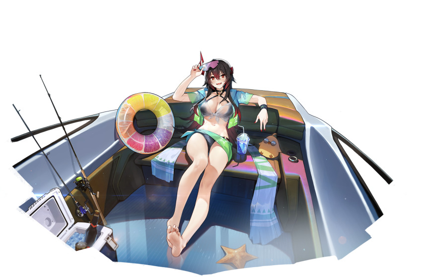 1girl, animal, artist_request, azur_lane, barefoot, bikini, breasts, brown_hair, cleavage, cup, disposable_cup, drinking_straw, feet, fingernails, fishing_rod, gradient_hair, highres, horns, innertube, large_breasts, long_hair, looking_at_viewer, magdeburg_(azur_lane), magdeburg_(gone_fishing)_(azur_lane), manjuu_(azur_lane), multicolored_hair, nail_polish, navel, official_art, open_mouth, outdoors, red_hair, see-through_clothes, single_horn, sitting, sky, smile, soles, solo, stomach, sunglasses, swim_ring, swimsuit, toes, transparent_background, two-tone_hair, unworn_eyewear, wristband
