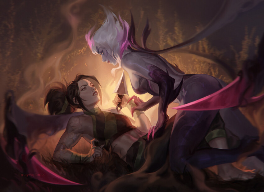 2girls, aina_(mayexplode), akali, arm_tattoo, artist_name, ass, bare_shoulders, barefoot, black_skin, breasts, brown_hair, claws, clenched_teeth, cloud_tattoo, colored_skin, evelynn_(league_of_legends), eye_contact, fire, girl_on_top, green_pants, grey_hair, highres, holding, holding_weapon, kunai, large_breasts, league_of_legends, looking_at_another, looking_up, lying, multicolored_hair, multiple_girls, navel, on_back, pants, pink_hair, ponytail, red_lips, shiny_skin, sideboob, small_breasts, smile, stomach, tattoo, teeth, two-tone_hair, watermark, weapon