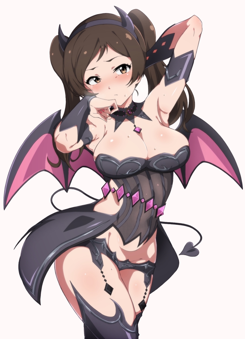 1girl, armpits, arms_up, bikini, black_bikini, black_boots, blush, boots, breasts, brown_hair, cleavage, demon_horns, demon_tail, demon_wings, detached_collar, fingernails, full-face_blush, groin, highres, horns, idolmaster, idolmaster_million_live!, idolmaster_starlit_season, kitazawa_shiho, large_breasts, looking_at_viewer, midriff, nail_polish, pov, rqm55, simple_background, solo, steam, sweatdrop, swimsuit, tail, thigh_boots, twintails, wings