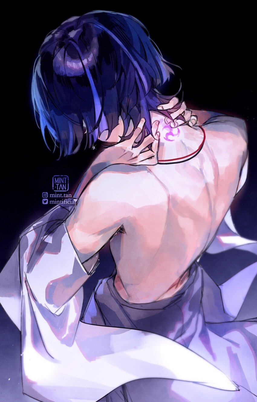 1boy, artist_logo, back, cowboy_shot, from_above, from_behind, genshin_impact, hand_on_own_neck