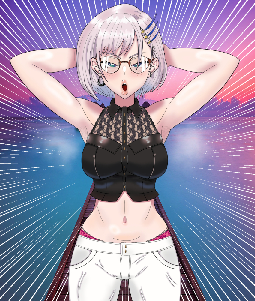 1girl, animal_print_panties, armpit_crease, armpit_peek, armpits, arms_behind_head, asymmetrical_hair, black_shirt