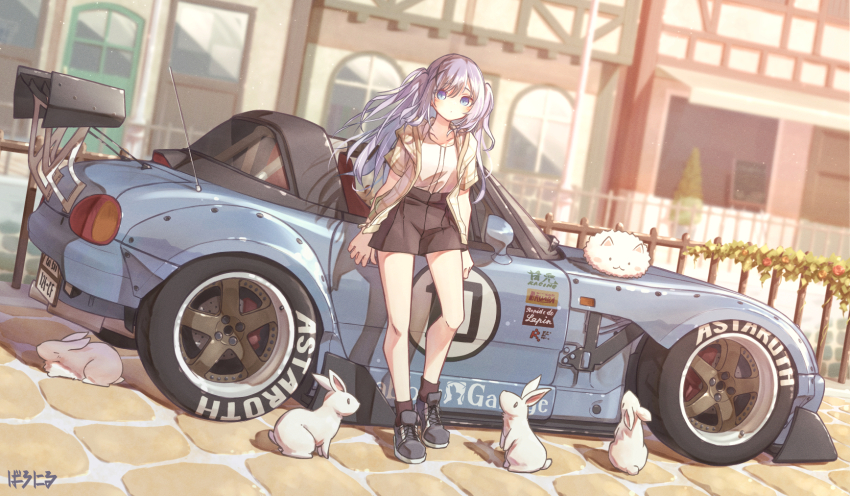 1girl, aged_up, angora_rabbit, baronilu, black_footwear, black_shorts, black_socks, blue_eyes, blue_hair, car, expressionless, gochuumon_wa_usagi_desu_ka?, hair_between_eyes, hair_ornament, highres, jacket, kafuu_chino, leaning_on_object, light_blue_hair, long_hair, looking_at_viewer, motor_vehicle, open_clothes, open_jacket, outdoors, rabbit, road, shirt, shoes, short_shorts, short_sleeves, shorts, socks, street, suzuki_(company), suzuki_cappuccino, tippy_(gochiusa), two_side_up, vehicle_focus, white_shirt, x_hair_ornament, yellow_jacket