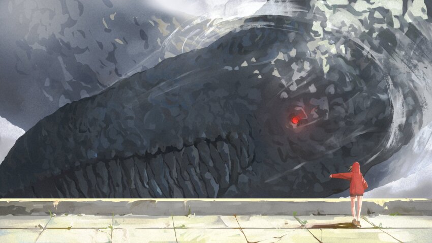 1girl, 1other, blonde_hair, chainsaw_man, glowing, hand_in_pocket, hdhenry, highres, hood, hoodie, outstretched_arm, red_eyes, red_hoodie, sawatari_akane_(chainsaw_man), shorts, snake_devil_(chainsaw_man), standing, wide_shot