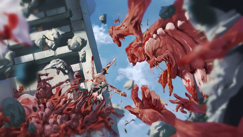 1boy, 1other, absurdres, blood, blood_on_clothes, blood_splatter, bloody_weapon, blue_sky