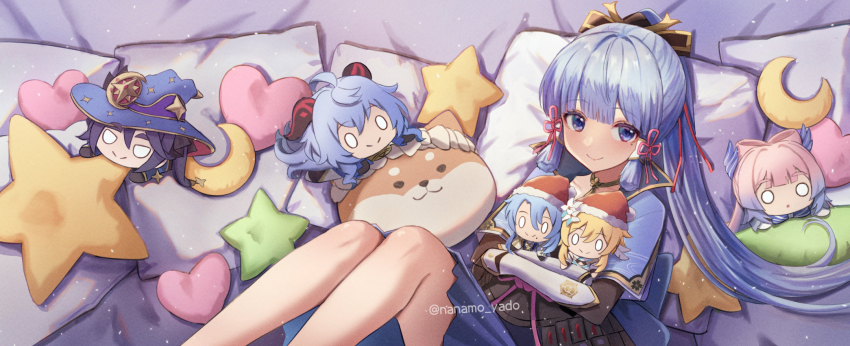 1girl, ahoge, arm_guards, armor, armored_dress, ayaka_(genshin_impact), black_gloves, black_hair, black_ribbon, blonde_hair, blue_capelet, blue_eyes, blue_hair, blue_headwear, blue_skirt, bow-shaped_hair, capelet, chibi, closed_mouth, commentary_request, dress, earrings, flower, ganyu_(genshin_impact), genshin_impact, gloves, goat_horns, gradient_hair, hair_flower, hair_ornament, hair_ribbon, hakama, hakama_skirt, hat, heart, heart-shaped_pillow, highres, horns, hug, hugging_object, jacket, japanese_clothes, jewelry, kamisato_ayato, knees_up, light_blue_hair, long_hair, looking_at_viewer, lumine_(genshin_impact), mole, mole_under_eye, mona_(genshin_impact), moon-shaped_pillow, multicolored_hair, nanamo_yado, neck_tassel, o_o, pillow, pink_hair, ponytail, purple_hair, ribbon, sangonomiya_kokomi, short_hair_with_long_locks, single_earring, sitting, skirt, smile, solo_focus, star-shaped_pillow, star_(symbol), star_earrings, stuffed_animal, stuffed_dog, stuffed_toy, taroumaru_(genshin_impact), tassel, tress_ribbon, twintails, twitter_username, white_dress, white_flower, white_jacket, witch_hat
