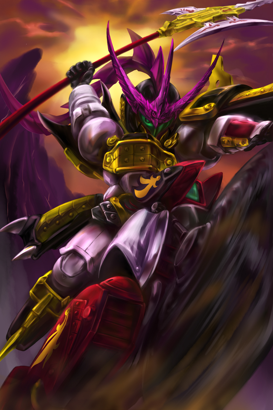 10s, armor, dust, gundam, halberd, highres, lu_bu, mayata, motor_vehicle, motorcycle, no_humans, polearm, ryofu_tallgeese, sd_gundam, sd_gundam_sangokuden, solo, sunset, vehicle, weapon