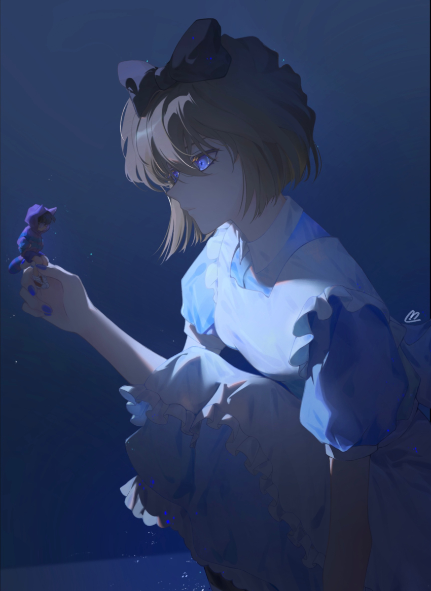 1boy, 1girl, apron, black_bow, blue_background, blue_dress, blue_eyes, bow