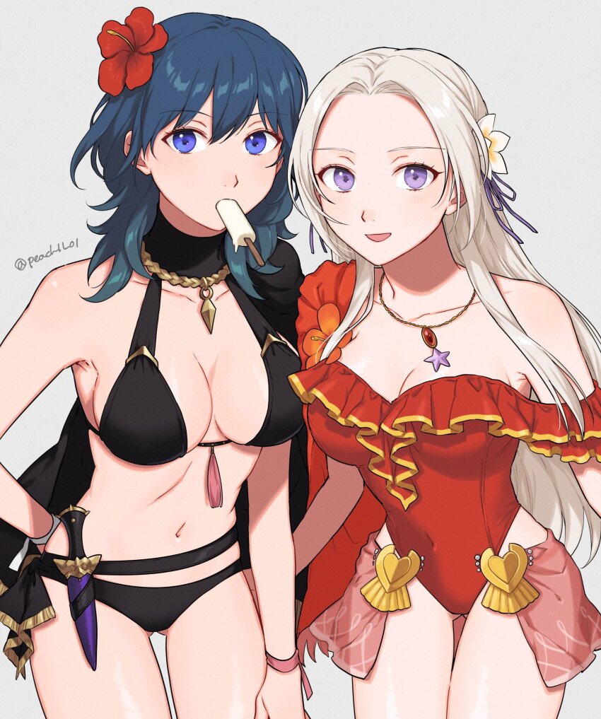 2girls, bad_id, bad_twitter_id, bikini, black_bikini, blue_eyes, blue_hair, breasts, female_byleth_(fire_emblem), female_byleth_(summer)_(fire_emblem), cape, cleavage, dagger, edelgard_von_hresvelg, edelgard_von_hresvelg_(summer), fire_emblem, fire_emblem:_three_houses, fire_emblem_heroes, flower, food, food_in_mouth, frilled_one-piece_swimsuit, frilled_swimsuit, frills, gluteal_fold, hair_flower, hair_ornament, highres, jewelry, knife, large_breasts, long_hair, looking_at_viewer, medium_breasts, medium_hair, multiple_girls, necklace, nintendo, official_alternate_costume, one-piece_swimsuit, popsicle, popsicle_in_mouth, purple_eyes, red_one-piece_swimsuit, shamu_(peach11_01), smile, swimsuit, thigh_gap, weapon, white_hair