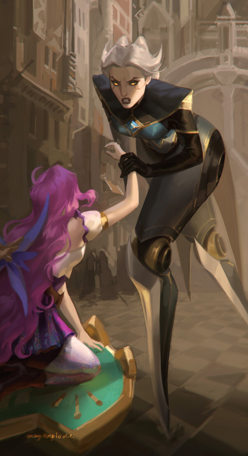 2girls, absurdres, aina_(mayexplode), arm_support, bare_shoulders, black_gloves, breasts, camille_(league_of_legends)