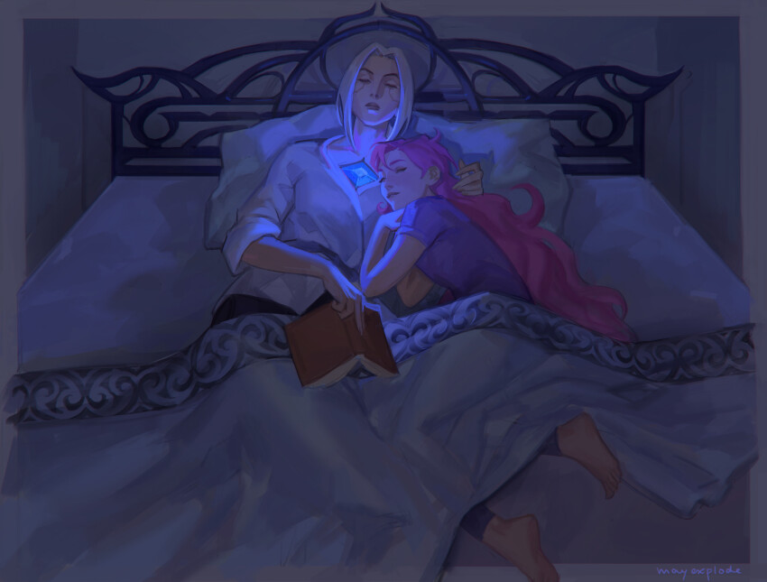 2girls, aina_(mayexplode), bed, blanket, blue_shirt, book, camille_(league_of_legends), closed_eyes