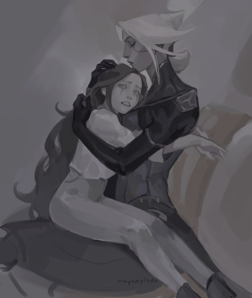 2girls, absurdres, aina_(mayexplode), camille_(league_of_legends), closed_eyes, closed_mouth, couch, elbow_gloves