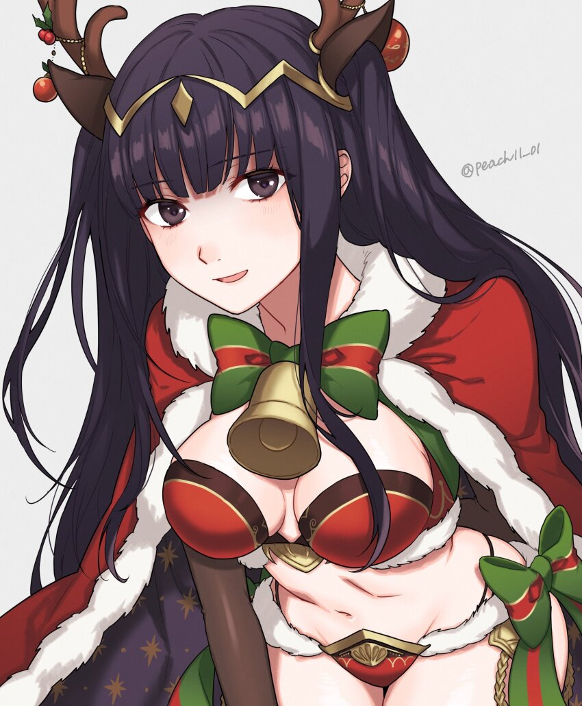 1girl, antlers, armor, bell, bikini, bikini_armor, black_hair, breasts