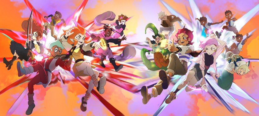 1other, 5boys, 6+girls, aged_down, alador_blight, amity_blight, character_backpack, clone, darius_(the_owl_house), dark-skinned_female, dark-skinned_male, dark_skin, edalyn_clawthorne, explosion, eyebrow_cut, finger_gun, glasses, gus_porter, highres, hunter_(the_owl_house), kuma20151225, lilith_clawthorne, luz_noceda, magic_circle, multiple_boys, multiple_girls, pale_skin, pointy_ears, raine_whispers, the_owl_house, vee_(the_owl_house), willow_park