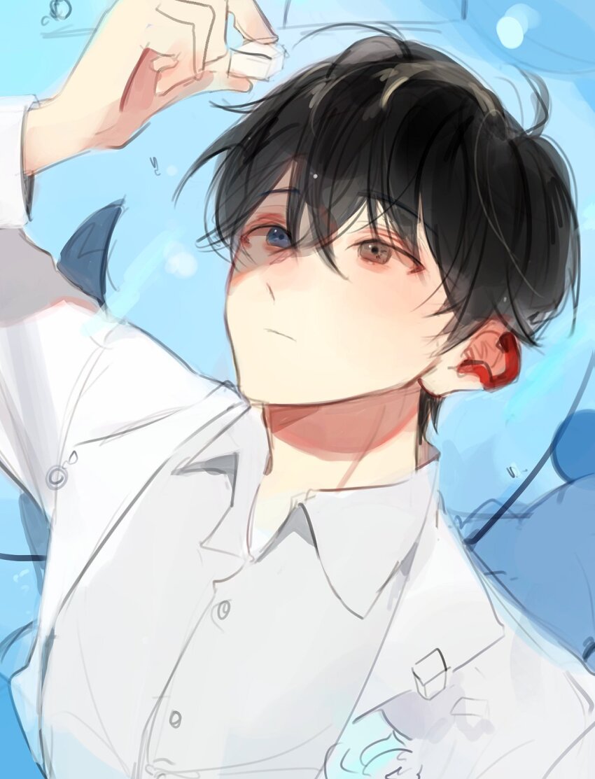 1boy, arm_up, black_hair, blue_eyes, closed_mouth, collared_shirt, commentary_request, eoduun_badaui_deungbul-i_doeeo