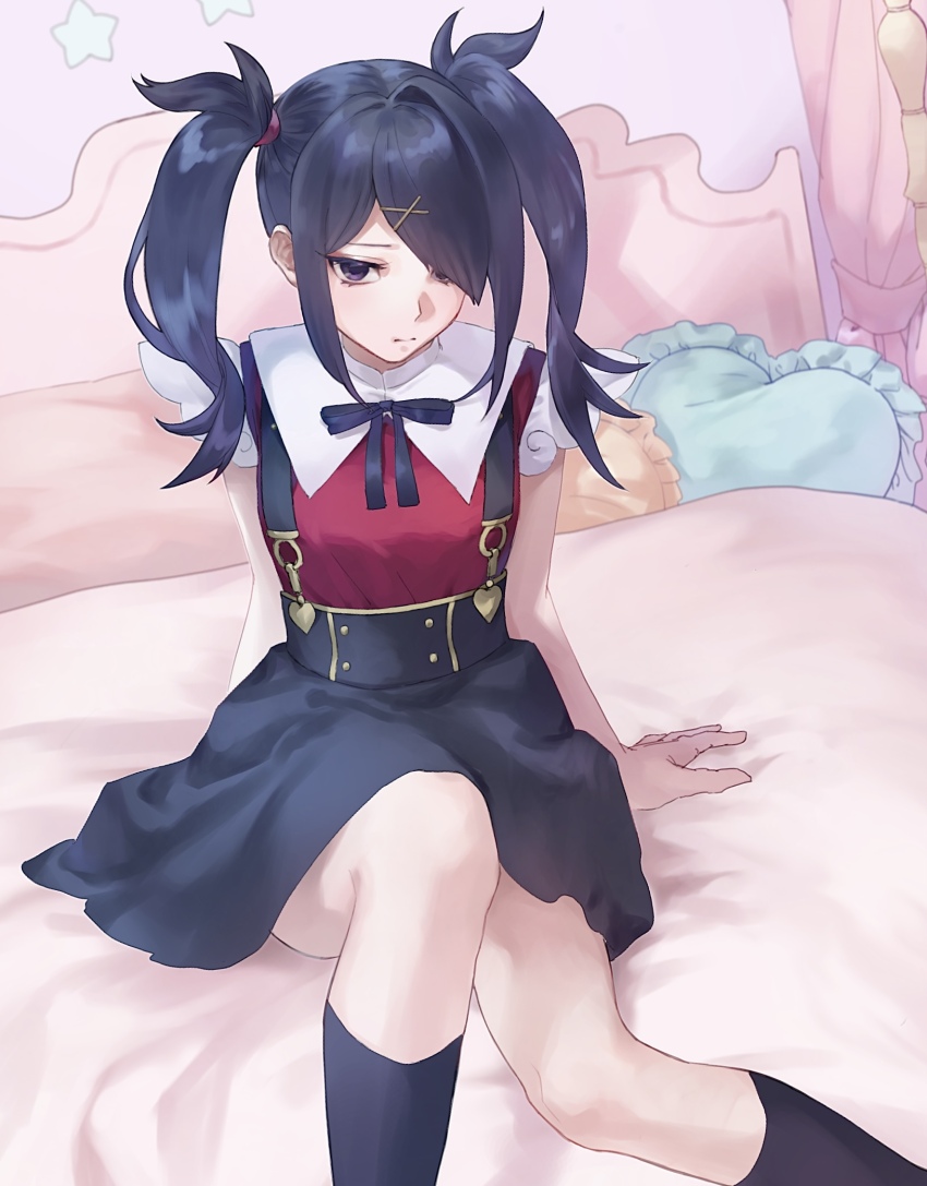 1girl, ame-chan_(needy_girl_overdose), bed, black_hair, black_ribbon, black_skirt, black_socks, closed_mouth, collar, collared_shirt, commentary, hair_ornament, hair_over_one_eye, hair_tie, hairclip, heart, heart-shaped_pillow, highres, indoors, long_hair, neck_ribbon, needy_girl_overdose, on_bed, pillow, purple_eyes, red_shirt, ribbon, shirt, shirt_tucked_in, sitting, skirt, socks, solo, suspender_skirt, suspenders, tonabe, twintails, white_collar, x_hair_ornament